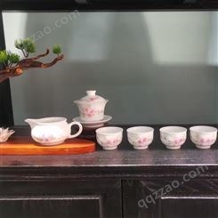景德镇毛瓷款套装 毛瓷玲珑茶具手绘水点桃花 毛瓷茶具手绘 亮丽陶瓷