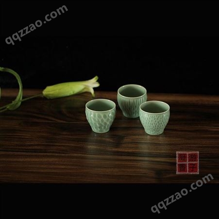 游子凝香 龙泉青瓷 创意刻花小捧杯 功夫茶具配件 茶杯流苏 涟漪 中式日式
