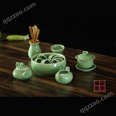 游子凝香 龙泉青瓷 弟窑梅子青 红叶 整套功夫茶具 盖碗 公道 六君子瓷茶具