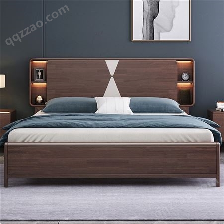 胡桃木实木床 1.8米中式双人床 现代简约高箱储物主卧婚床 工厂定制