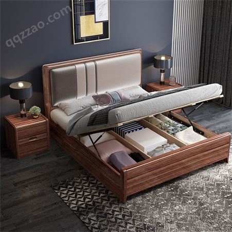 胡桃木实木床 1.8米中式双人床 现代简约高箱储物主卧婚床 工厂定制