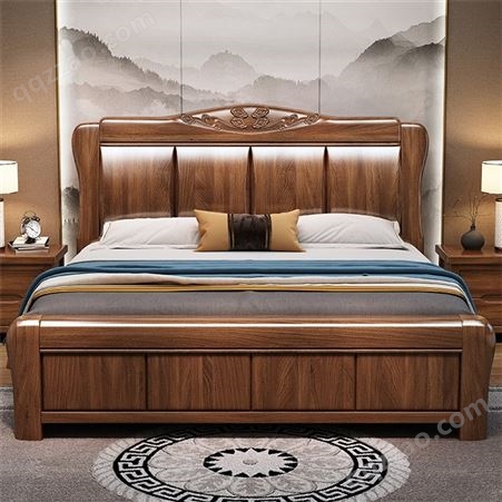美式主卧双人床 简欧实木床 1.8米欧式软包床 气动高箱储物柜木床